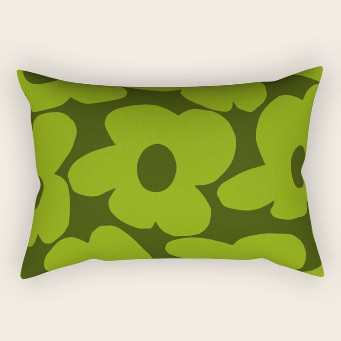Large Green Retro Flowers - Green Petals on Dark Green Background #decor #society6 #buyart Rectangular Pillow Gallery Image 1