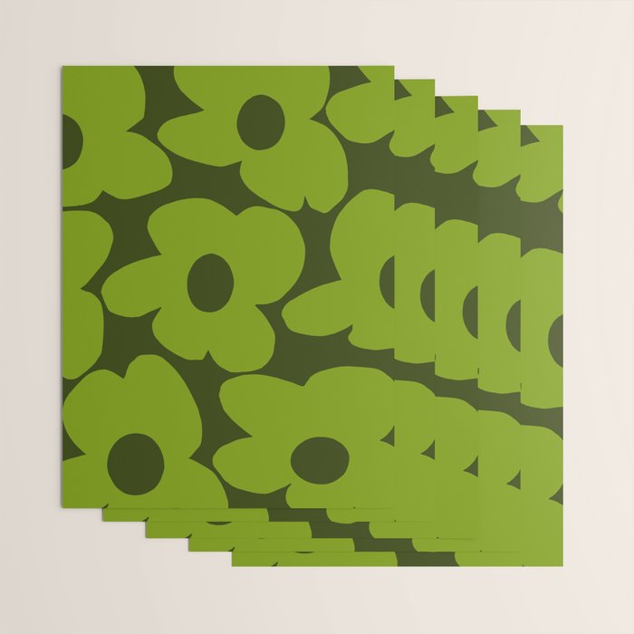 Large Green Retro Flowers - Green Petals on Dark Green Background #decor #society6 #buyart Wrapping Paper Gallery Image 3