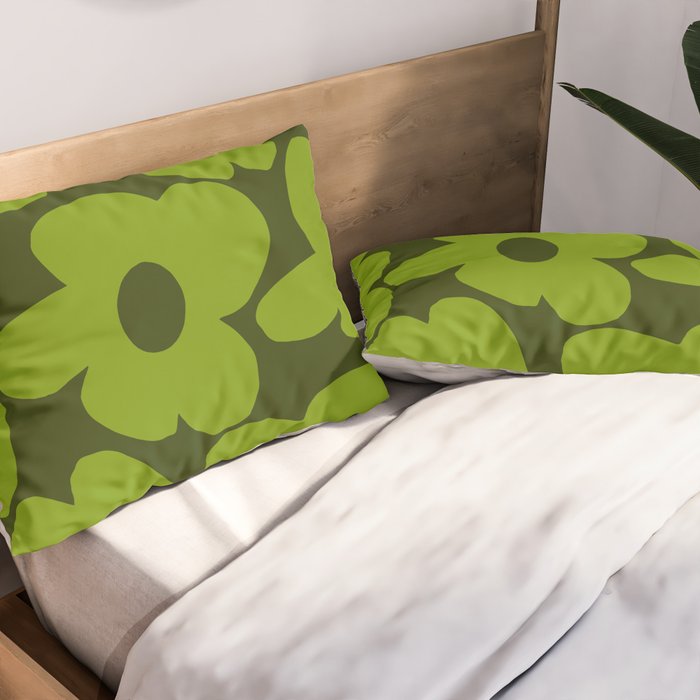 Large Green Retro Flowers - Green Petals on Dark Green Background #decor #society6 #buyart Pillow Sham Gallery Image 2