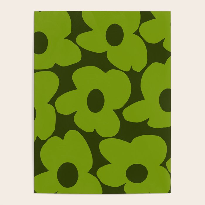 Large Green Retro Flowers - Green Petals on Dark Green Background #decor #society6 #buyart Poster Gallery Image 1