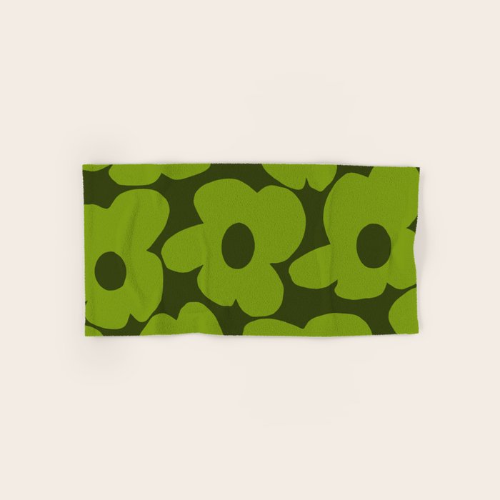 Large Green Retro Flowers - Green Petals on Dark Green Background #decor #society6 #buyart Bath Towel Gallery Image 1