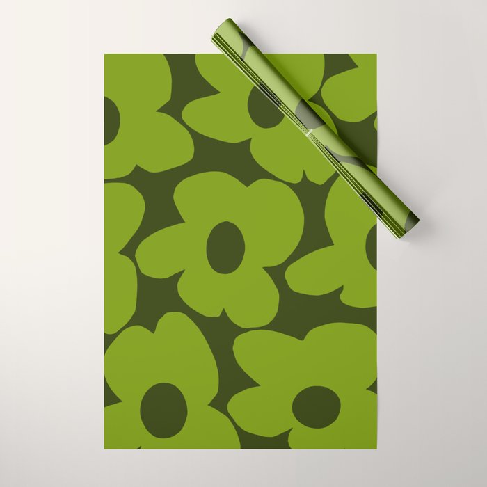 Large Green Retro Flowers - Green Petals on Dark Green Background #decor #society6 #buyart Wrapping Paper Gallery Image 1