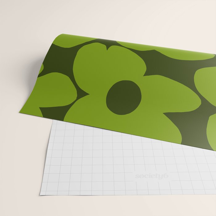 Large Green Retro Flowers - Green Petals on Dark Green Background #decor #society6 #buyart Wrapping Paper Gallery Image 2