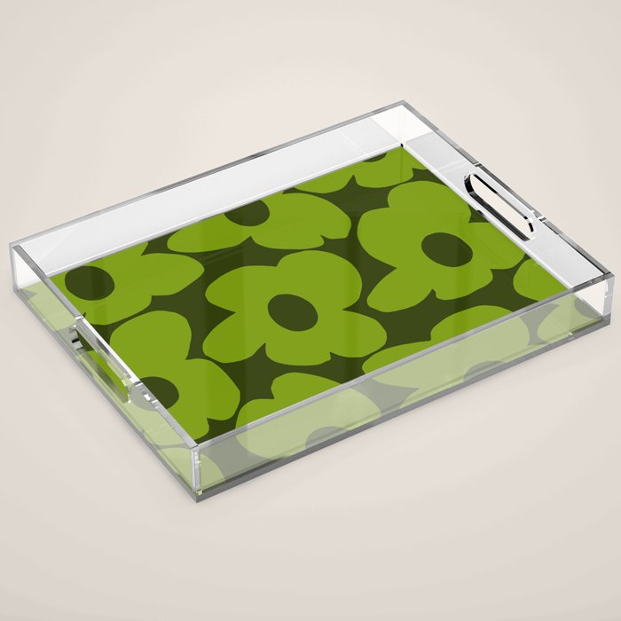 Large Green Retro Flowers - Green Petals on Dark Green Background #decor #society6 #buyart Acrylic Tray Gallery Image 1