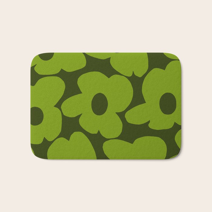 Large Green Retro Flowers - Green Petals on Dark Green Background #decor #society6 #buyart Bath Mat Gallery Image 1