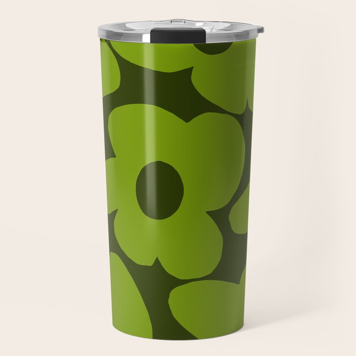 Large Green Retro Flowers - Green Petals on Dark Green Background #decor #society6 #buyart Travel Mug Gallery Image 1