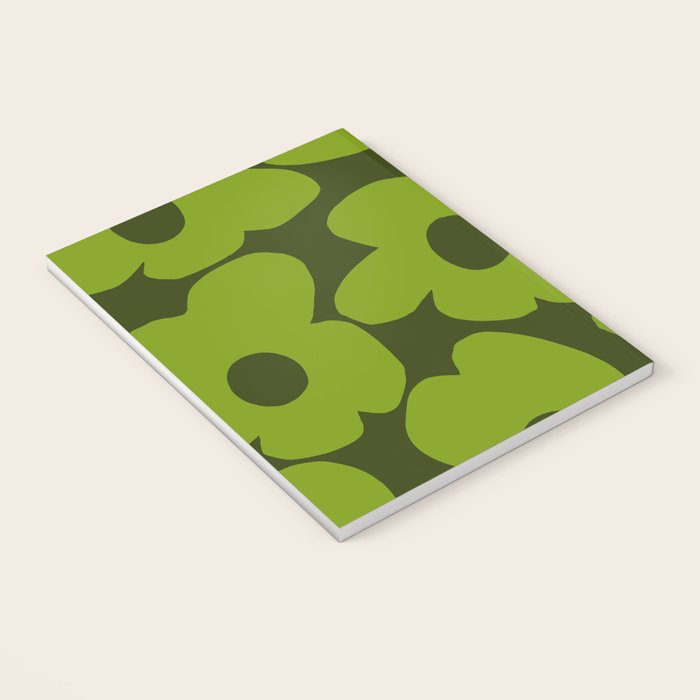 Large Green Retro Flowers - Green Petals on Dark Green Background #decor #society6 #buyart Notebook Gallery Image 3