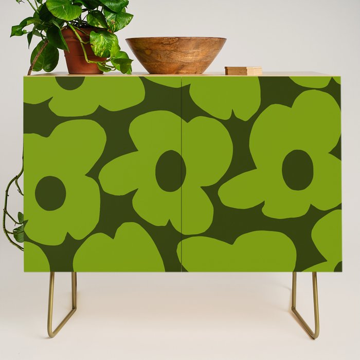 Large Green Retro Flowers - Green Petals on Dark Green Background #decor #society6 #buyart Credenza Gallery Image 1