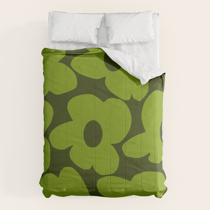 Large Green Retro Flowers - Green Petals on Dark Green Background #decor #society6 #buyart Comforter Gallery Image 1