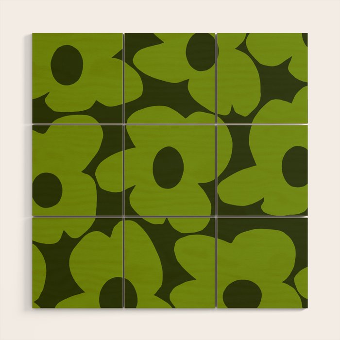 Large Green Retro Flowers - Green Petals on Dark Green Background #decor #society6 #buyart Wood Wall Art Gallery Image 1