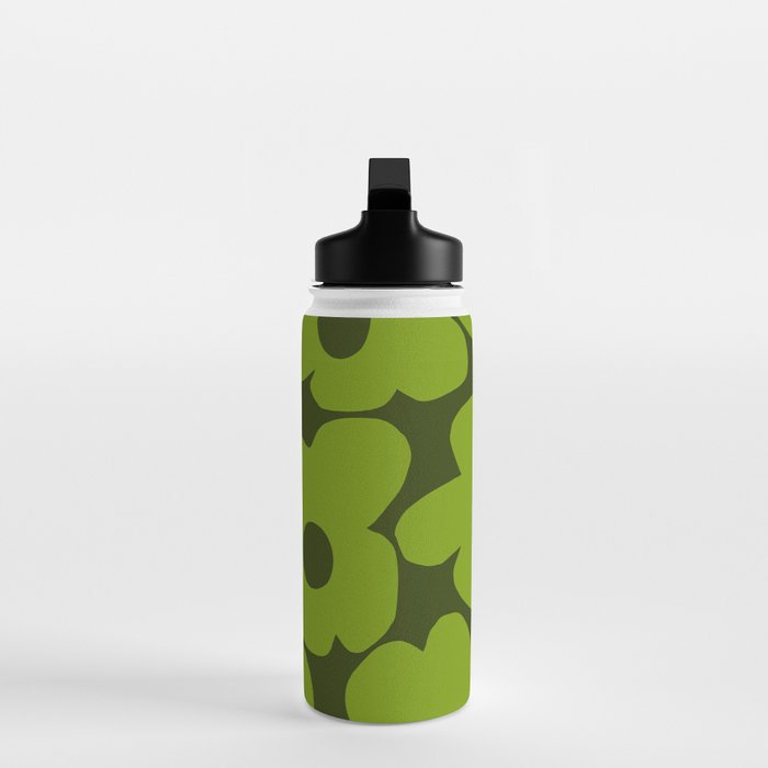 Large Green Retro Flowers - Green Petals on Dark Green Background #decor #society6 #buyart Water Bottle Gallery Image 3