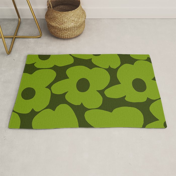 Large Green Retro Flowers - Green Petals on Dark Green Background #decor #society6 #buyart Rug Gallery Image 1