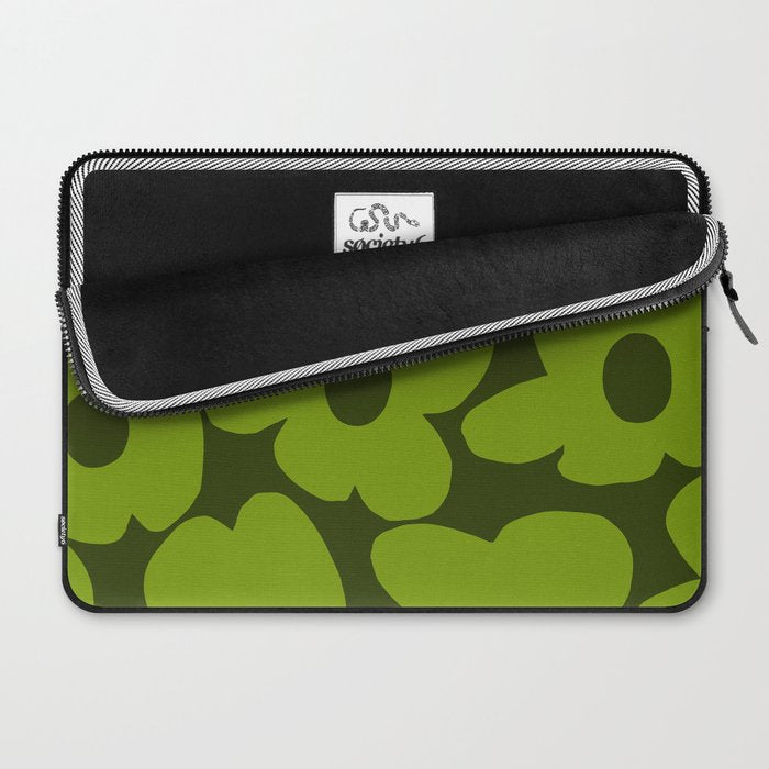 Large Green Retro Flowers - Green Petals on Dark Green Background #decor #society6 #buyart Laptop Sleeve Gallery Image 2