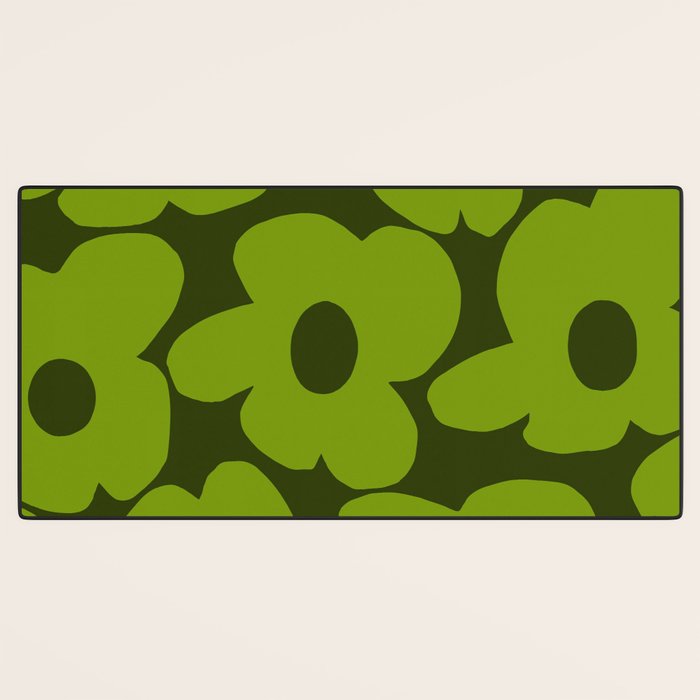 Large Green Retro Flowers - Green Petals on Dark Green Background #decor #society6 #buyart Desk Mat Gallery Image 3