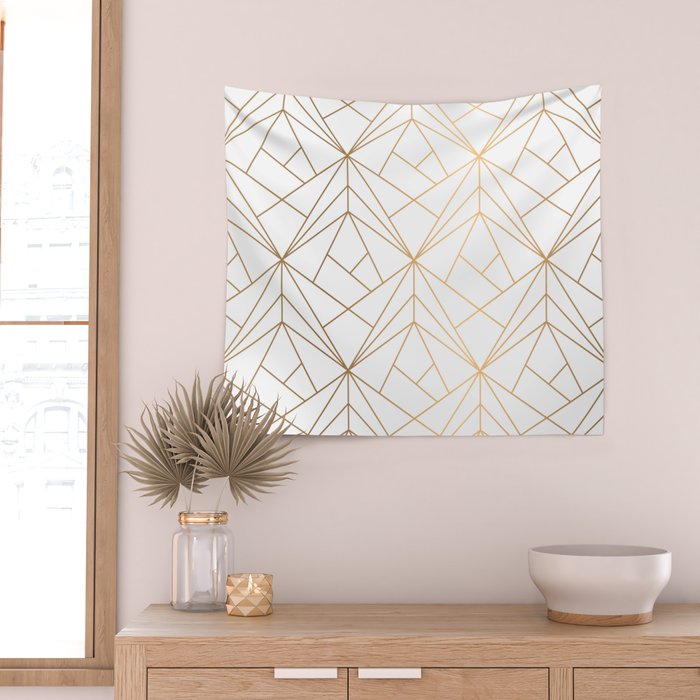 Geometric Gold Pattern With White Shimmer Wall Tapestry Gallery Image 2