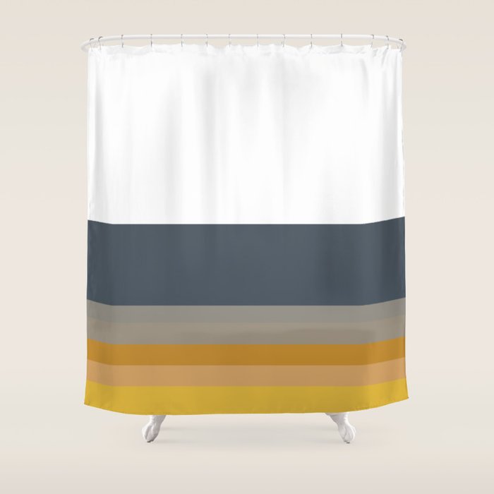 Gradient Stripes Minimalist Color Block in White, Navy Blue, Gray, and Mustard Shower Curtain Gallery Image 1