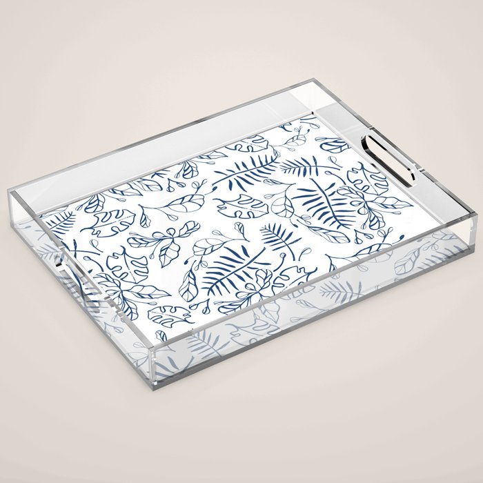 Tropical Plant Boho Chinoiserie Blue and White Acrylic Tray Gallery Image 1
