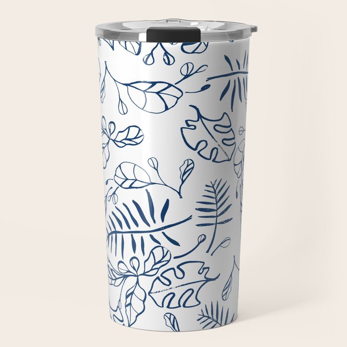 Tropical Plant Boho Chinoiserie Blue and White Travel Mug Gallery Image 1