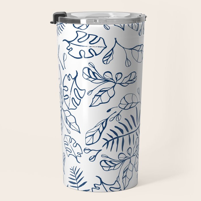 Tropical Plant Boho Chinoiserie Blue and White Travel Mug Gallery Image 3
