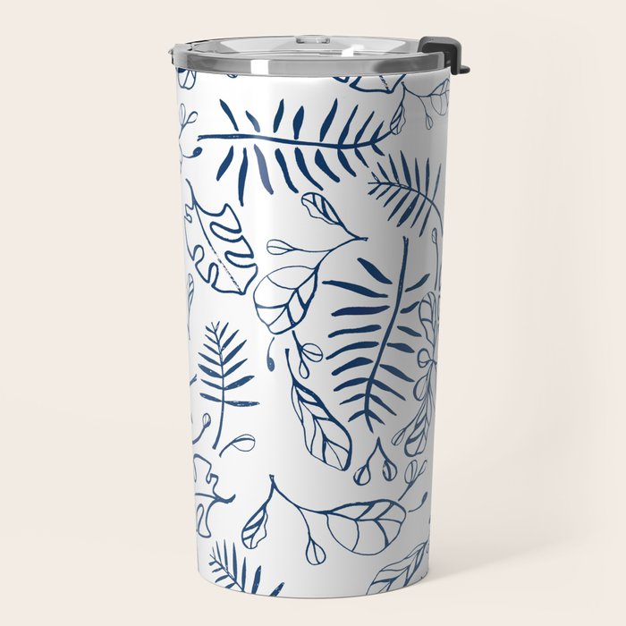 Tropical Plant Boho Chinoiserie Blue and White Travel Mug Gallery Image 2