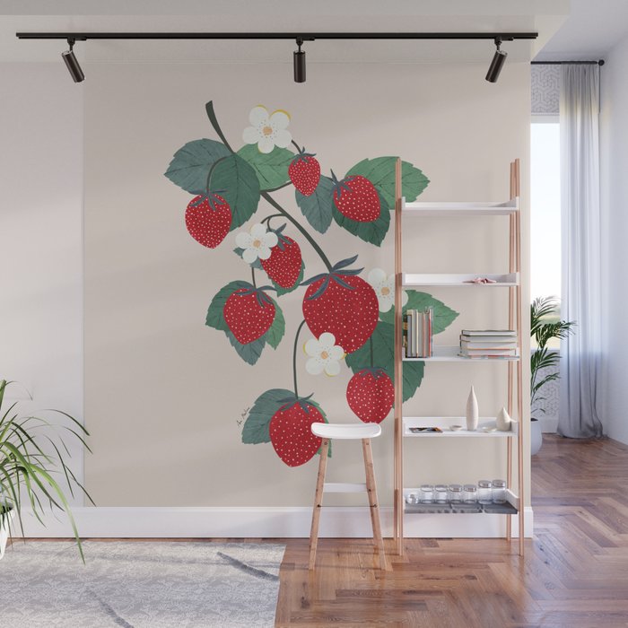Strawberries and leaves Wall Mural Gallery Image 1