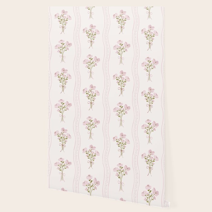Delicate floral bouquets with vertical stripes - Pink and moss green pattern Wallpaper Gallery Image 2