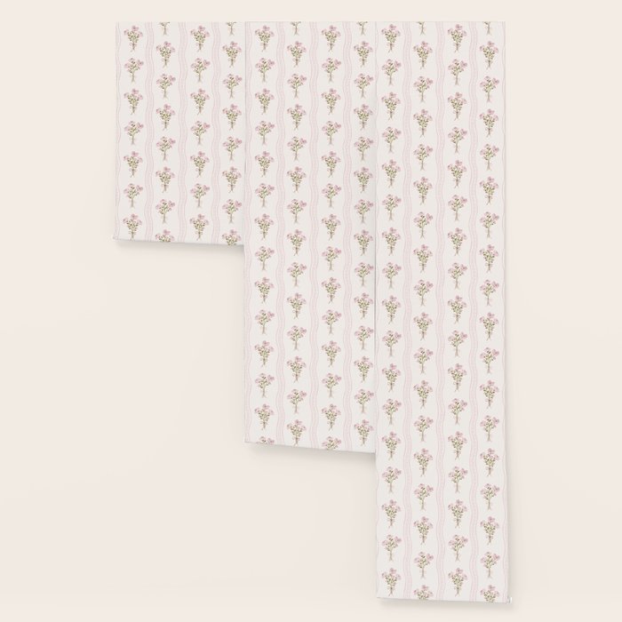 Delicate floral bouquets with vertical stripes - Pink and moss green pattern Wallpaper Gallery Image 3