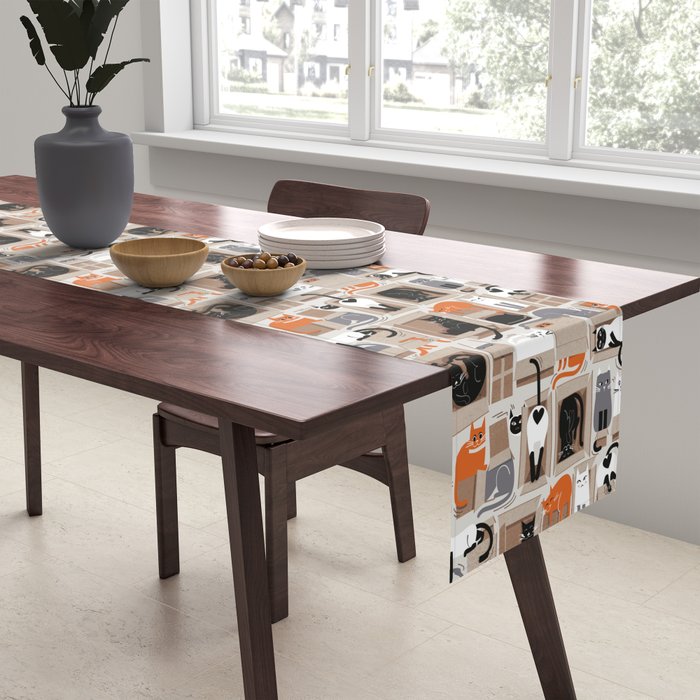 Purfect feline architecture // beige background cute cats in cardboard boxes Table Runner Gallery Image 2