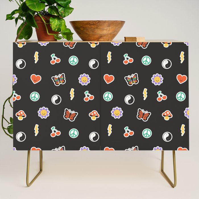 Retro cartoon sticker doodle pattern Credenza Gallery Image 1