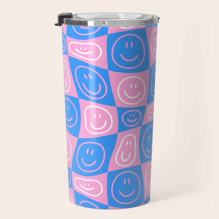 Retro happy face checkered pattern Travel Mug Gallery Image 3