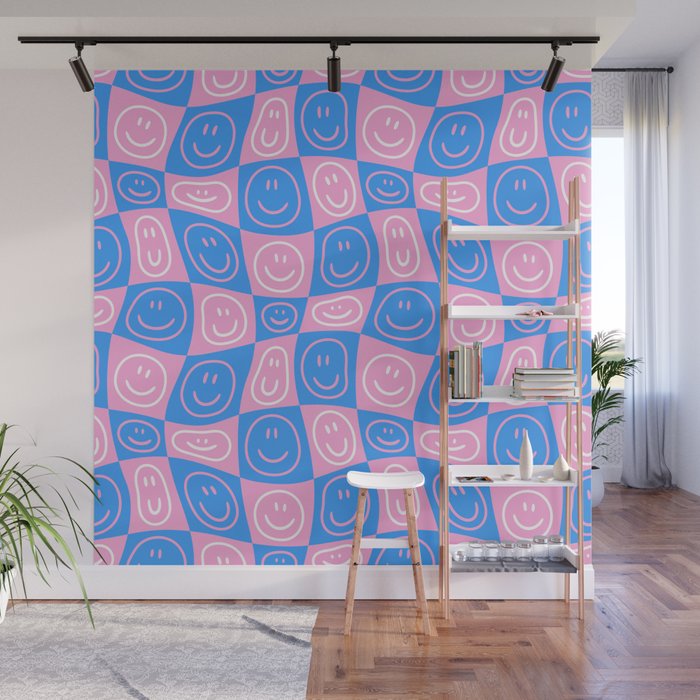 Retro happy face checkered pattern Wall Mural Gallery Image 1