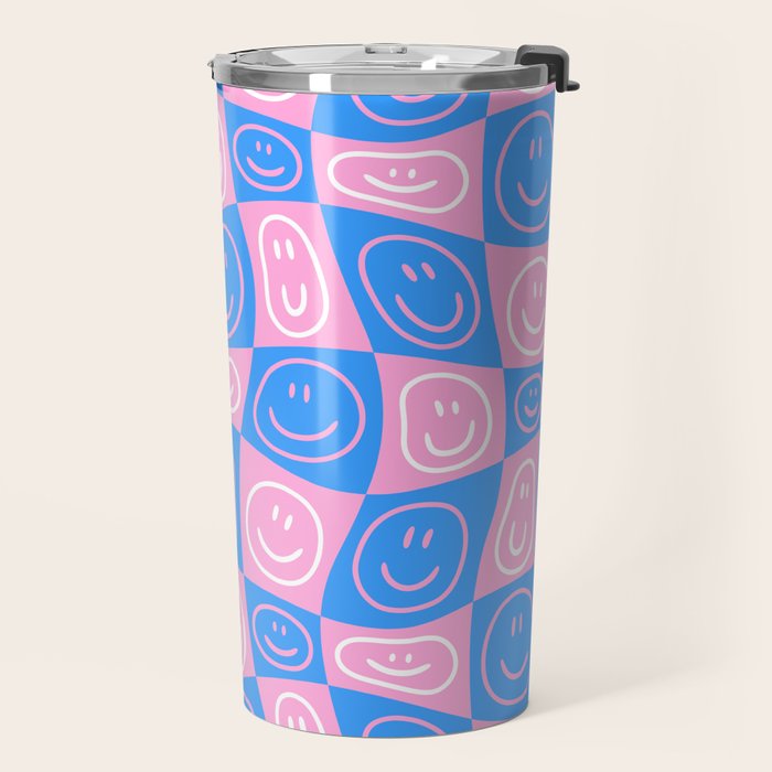 Retro happy face checkered pattern Travel Mug Gallery Image 2