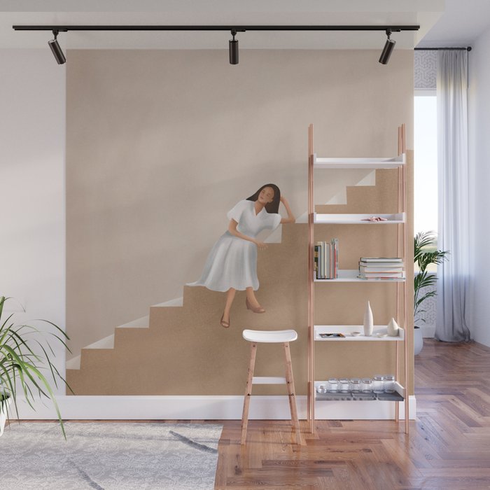 Girl Thinking on a Stairway Wall Mural Gallery Image 1