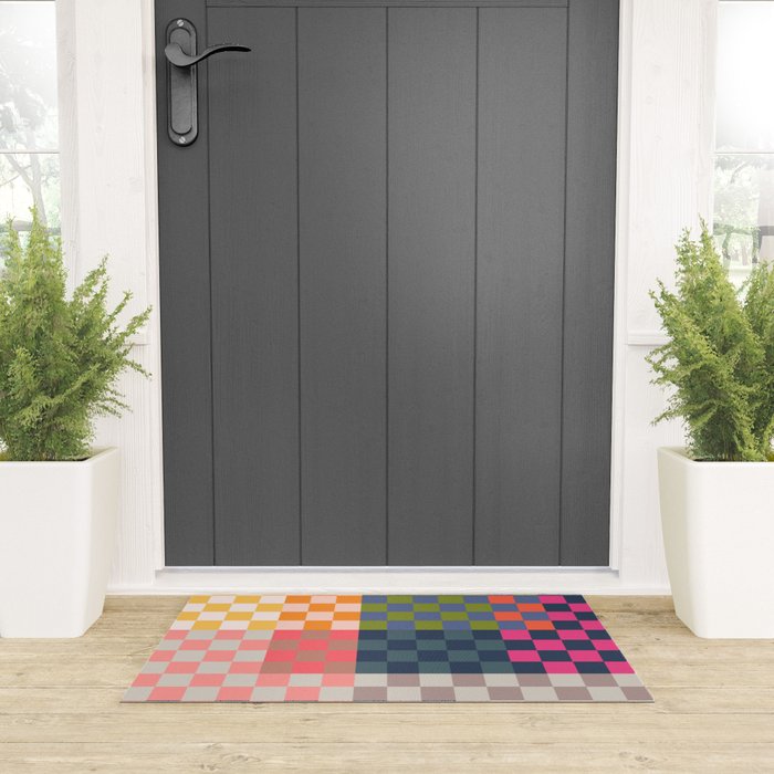 Checkerboard Checkered Checked Check Chessboard Pattern in Polychrome Multicolor Colors Welcome Mat Gallery Image 3