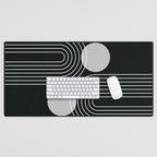 Mid Century Modern Geometric 109 in Black and White (Rainbow and Sun Abstraction) Desk Mat Gallery Image 1