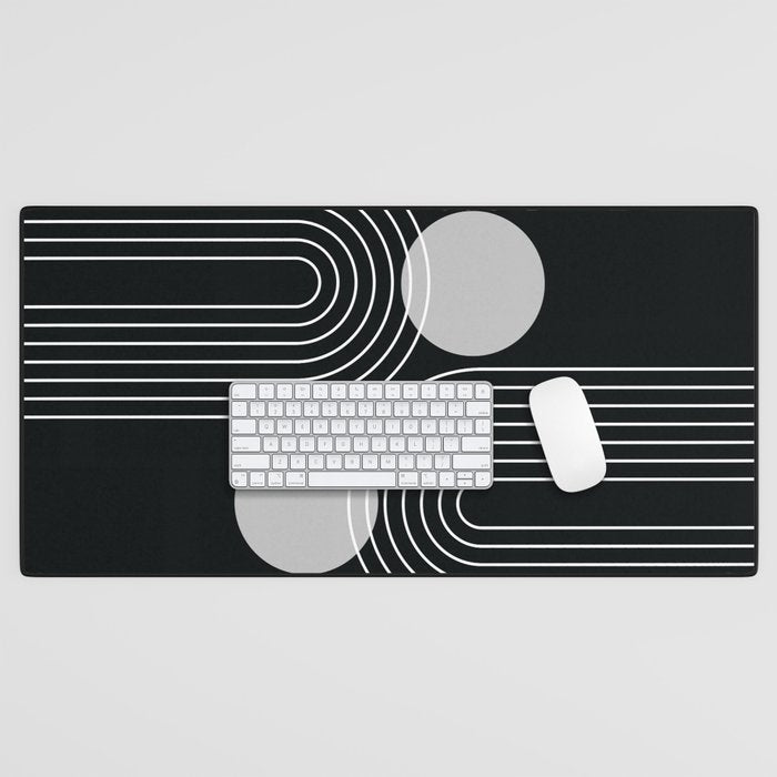 Mid Century Modern Geometric 109 in Black and White (Rainbow and Sun Abstraction) Desk Mat Gallery Image 1