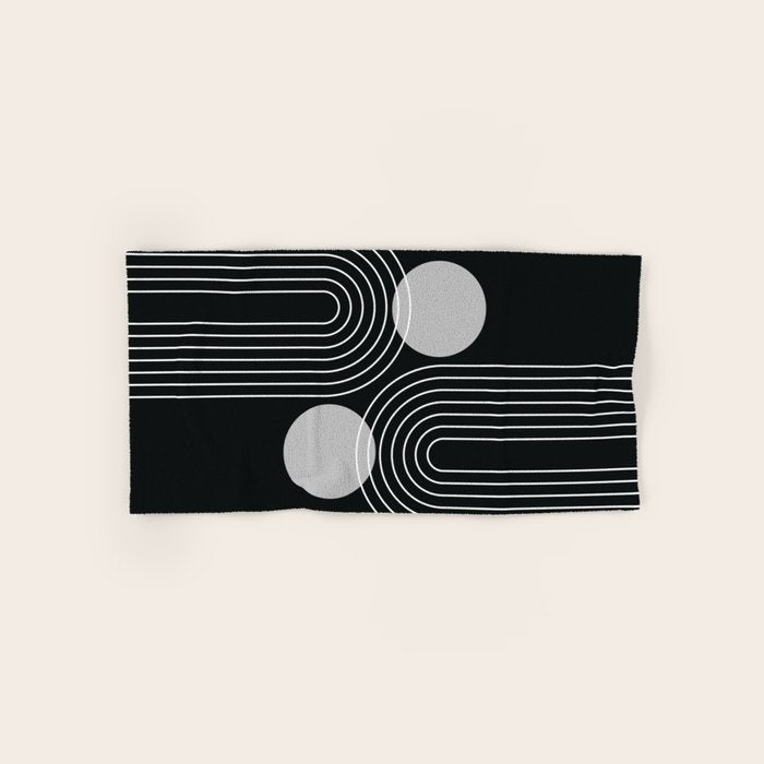 Mid Century Modern Geometric 109 in Black and White (Rainbow and Sun Abstraction) Bath Towel Gallery Image 1