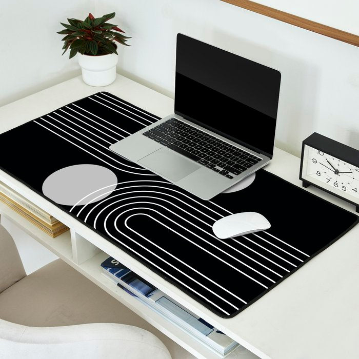 Mid Century Modern Geometric 109 in Black and White (Rainbow and Sun Abstraction) Desk Mat Gallery Image 2