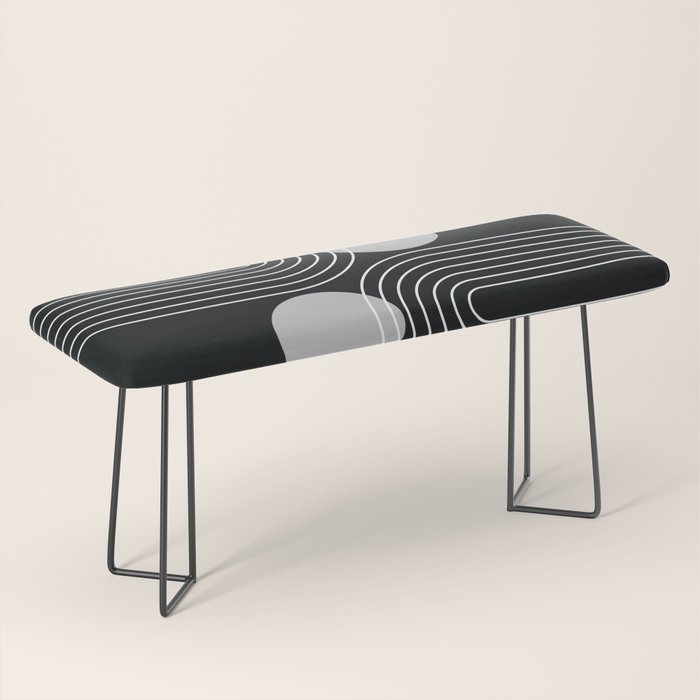 Mid Century Modern Geometric 109 in Black and White (Rainbow and Sun Abstraction) Bench Gallery Image 1