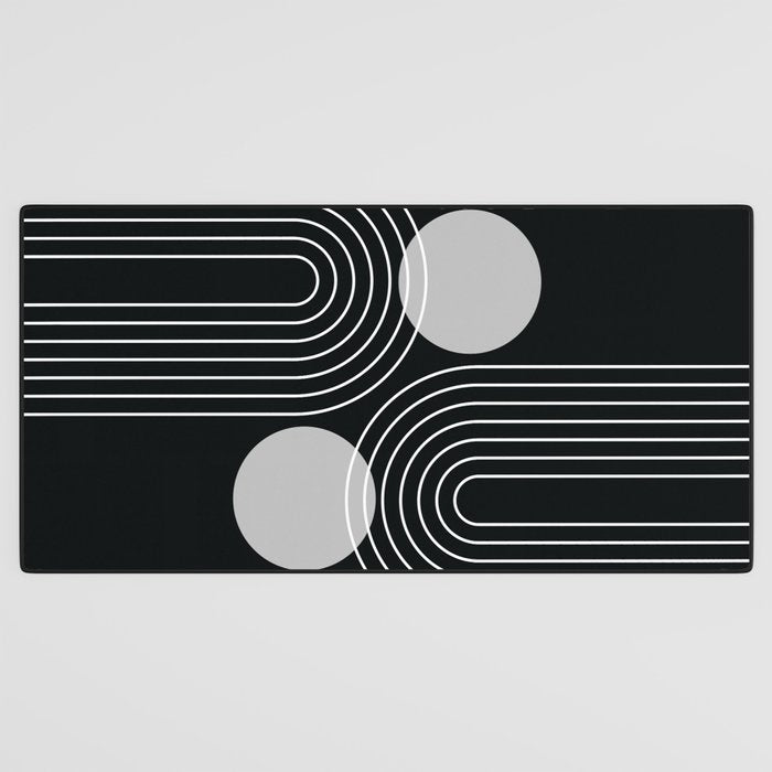 Mid Century Modern Geometric 109 in Black and White (Rainbow and Sun Abstraction) Desk Mat Gallery Image 3