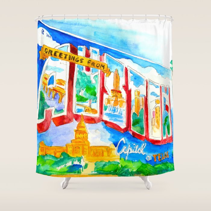 Greetings From Austin Mural watercolor Shower Curtain Gallery Image 1