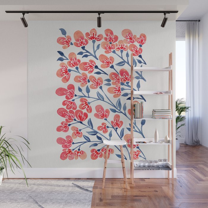 Cherry Blossoms - Melon & Navy Palette Wall Mural Gallery Image 1