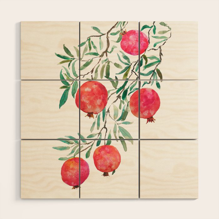 red pomegranate watercolor Wood Wall Art Gallery Image 1