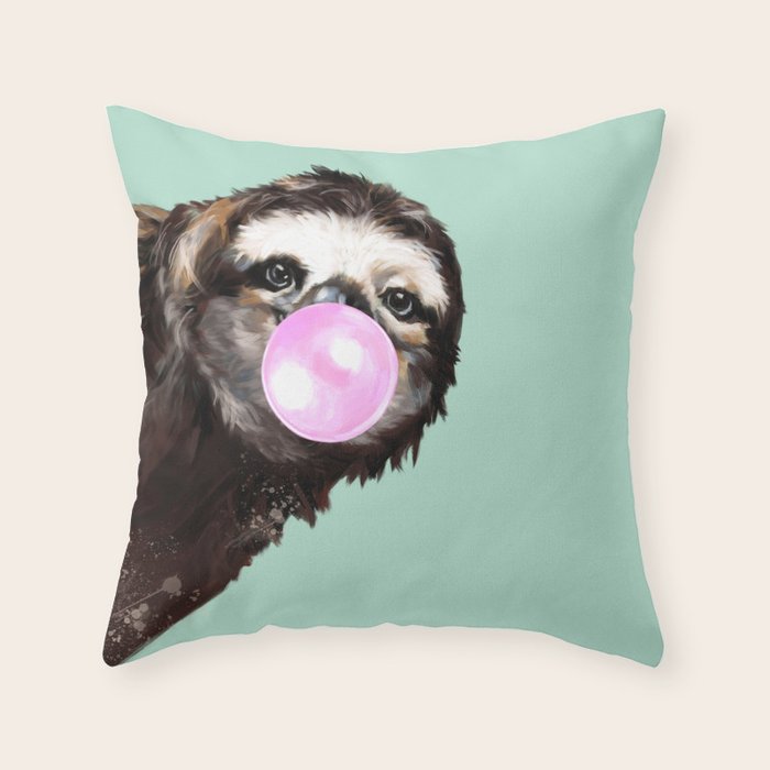 Bubble Gum Sneaky Sloth in Green Throw Pillow Gallery Image 6