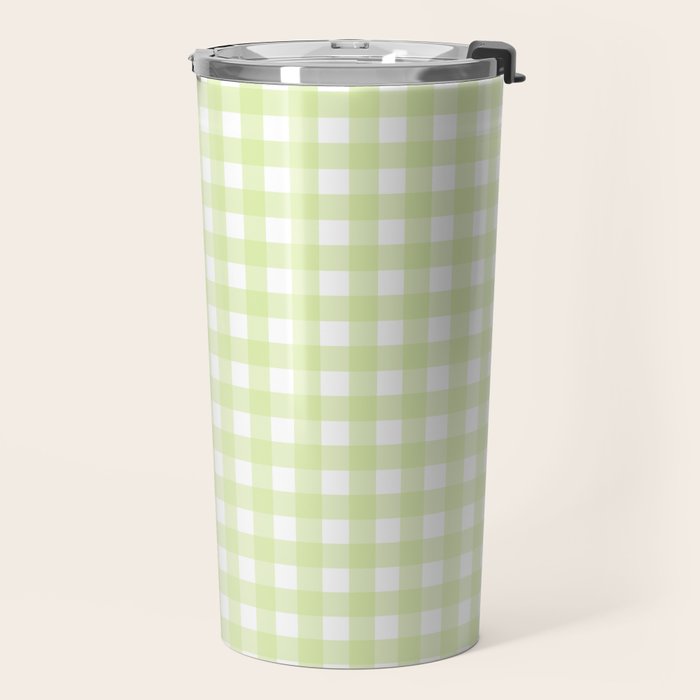 Gingham Check Pattern in Light Lime Green and White Travel Mug Gallery Image 2