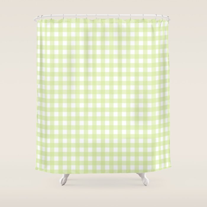 Gingham Check Pattern in Light Lime Green and White Shower Curtain Gallery Image 1
