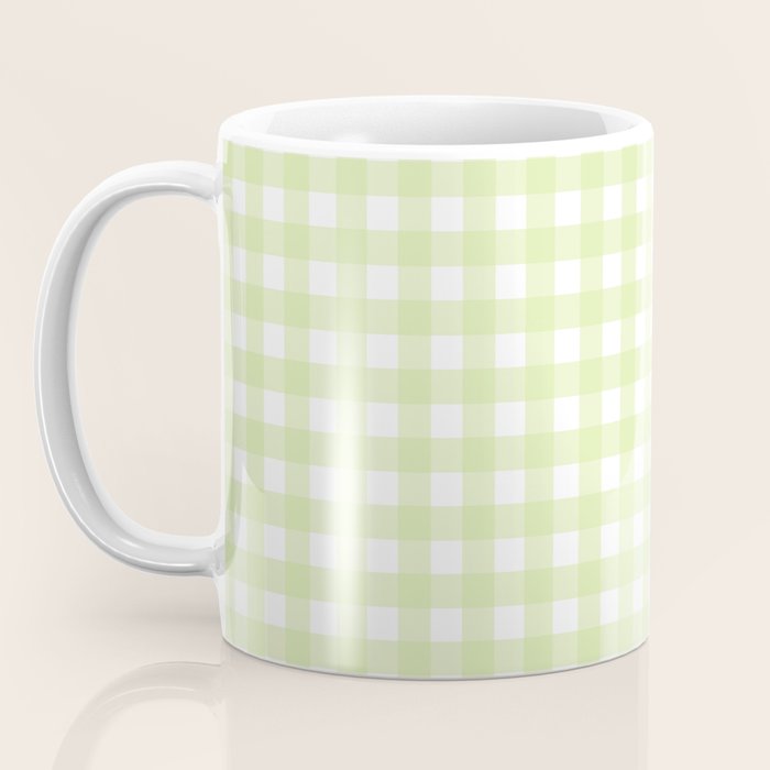 Gingham Check Pattern in Light Lime Green and White Coffee Mug Gallery Image 3