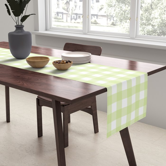 Gingham Check Pattern in Light Lime Green and White Table Runner Gallery Image 2