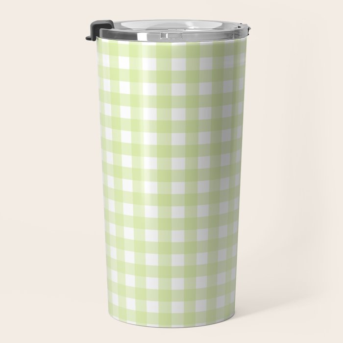 Gingham Check Pattern in Light Lime Green and White Travel Mug Gallery Image 3