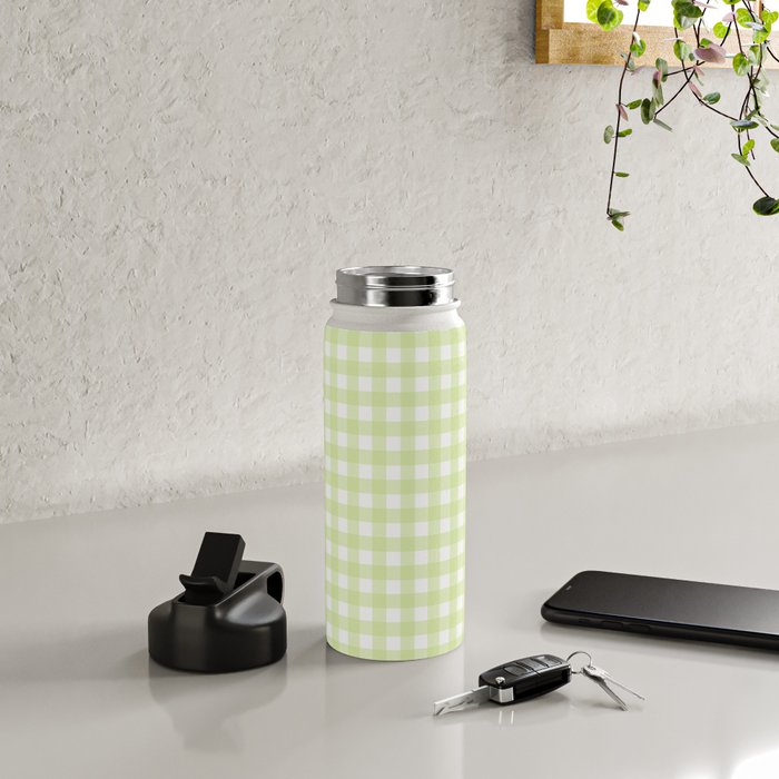 Gingham Check Pattern in Light Lime Green and White Water Bottle Gallery Image 4
